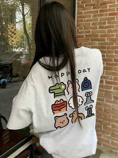 女士宽松圆领短袖字母卡通印花T恤，春夏款
