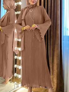 Women's Solid Color Pleated Dress, Muslim Modest Clothing, Gentle And Graceful Spring Style - Brown - View 3
