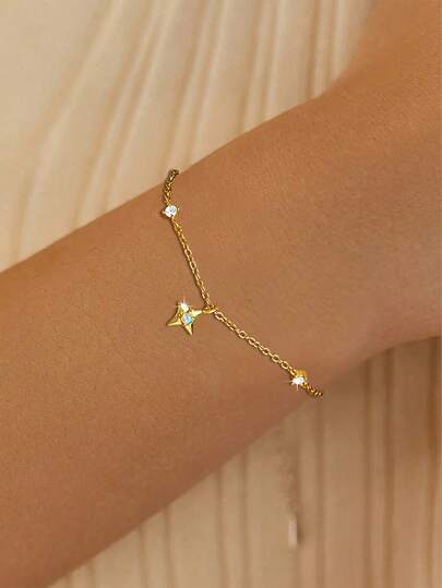 1pc S925 Sterling Silver Minimalist Fashion Four-Pointed Star Inlaid Diamond Women's Stackable Bracelet, Versatile Daily Wear Elegant Bangle, Holiday Gift