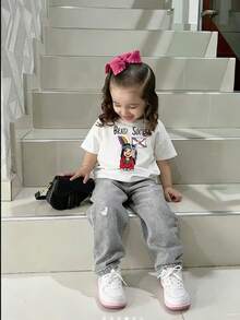 1pc Baby Girls' Creative Cartoon Graphic Letter Slogan Print Basic Round Neck Short Sleeve T-Shirt, Casual & Fashionable Infant Clothing - White - View 1