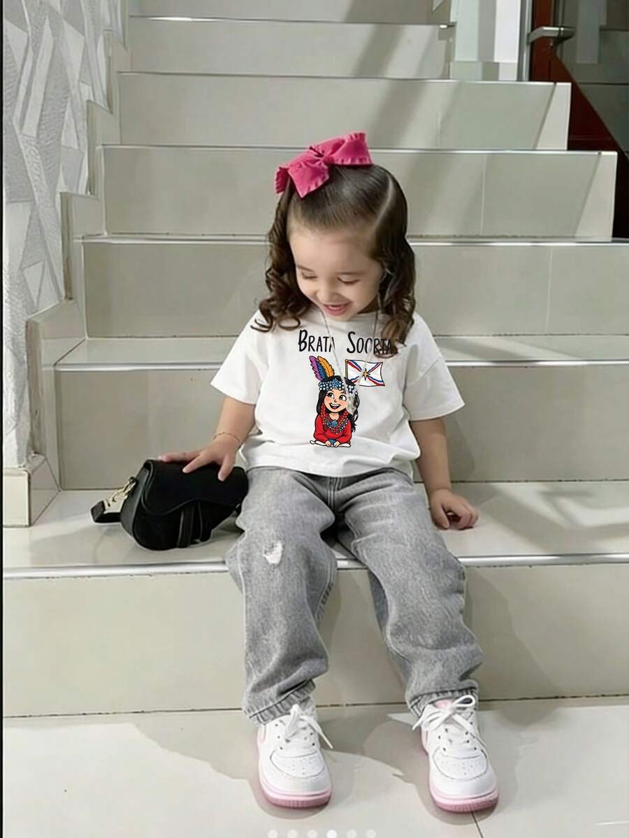 1pc Baby Girls' Creative Cartoon Graphic Letter Slogan Print Basic Round Neck Short Sleeve T-Shirt, Casual & Fashionable Infant Clothing - White - View 1