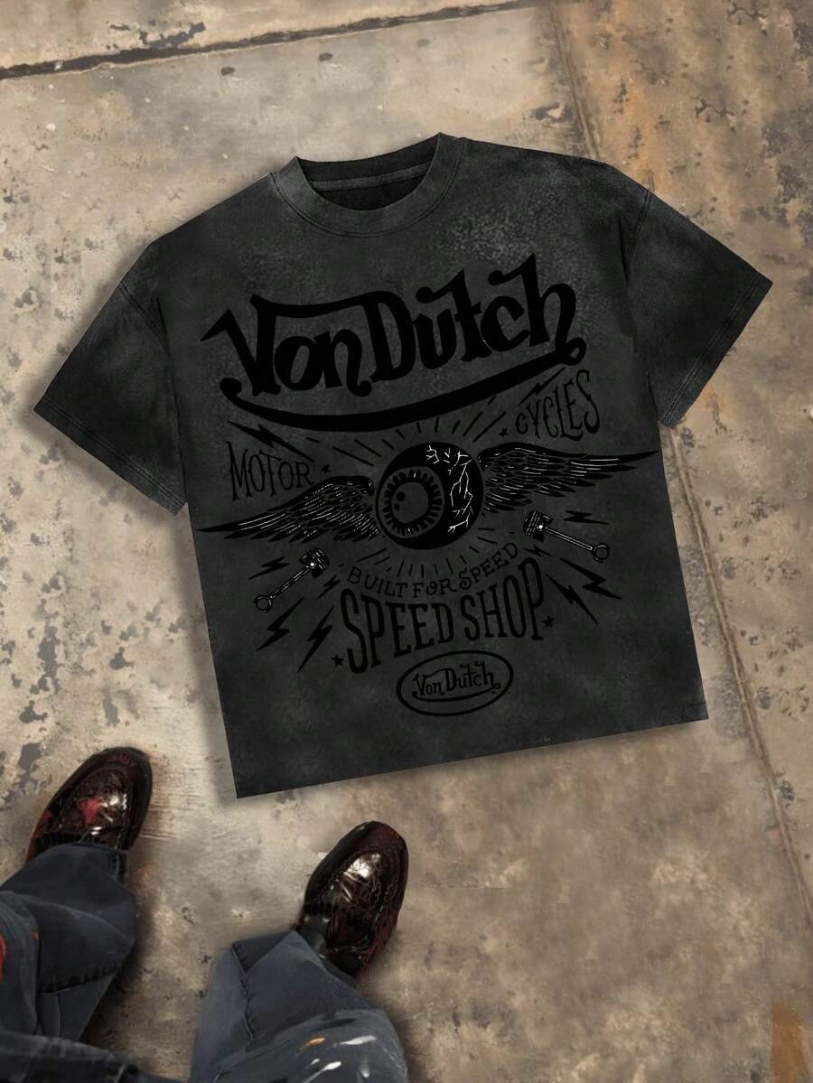 Classic Flying Eye Wings Graphic Men's 230g Combed Washed Cotton T-Shirt, Street  Short-Sleeve Top, American Dark Hardcore Style Apparel, Spring Summer Crew Neck Top, Suitable For Summer Daily Casual Wear - Black - View 1