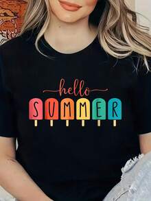 Camiseta con estampado de helado de verano, helado en palito, para mujer - Negro - Ver 6