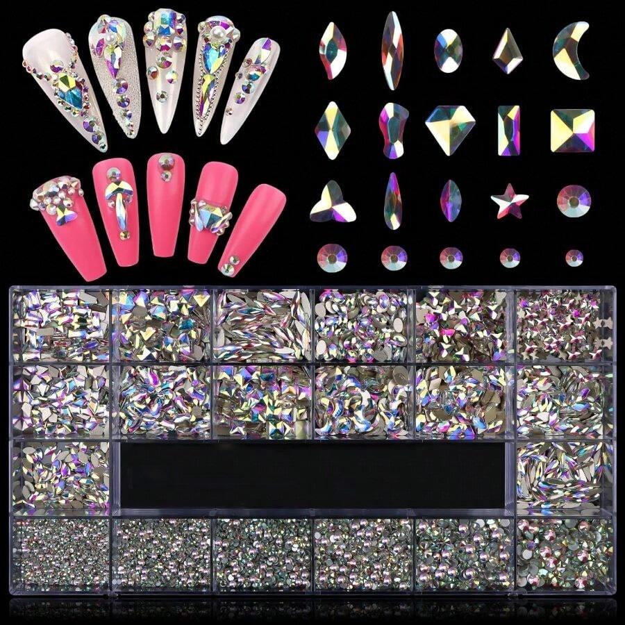 EBANKU Professional 9800 Pcs Mixed Shape Nail Rhinestone Kit With Picker Dotting Pen For Acrylic Nail Art - 如圖所示 - 查看 1