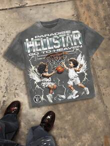 Angel Dunk & "PARADISE GO TO HEAVEN" Text Men's 230g Combed Washed Cotton T-Shirt, Street  Short-Sleeve Top, American Dark Hardcore Style Apparel, Spring Summer Crew Neck Top, Suitable For Summer Daily Casual Wear - Xám - Xem 2