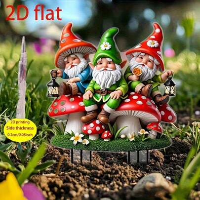 春夏限量版：2D平面亚克力花园装饰插牌，3个灯笼小矮人，波西米亚风捕梦网，春夏园艺礼品，适用于草坪、盆栽、露台、花园、后院、户外装饰，2D平面设计