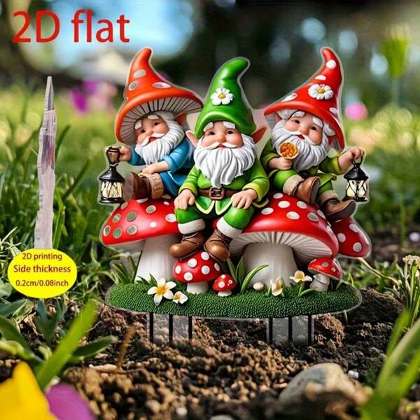 春夏限量版：2D平面亚克力花园装饰插牌，3个灯笼小矮人，波西米亚风捕梦网，春夏园艺礼品，适用于草坪、盆栽、露台、花园、后院、户外装饰，2D平面设计