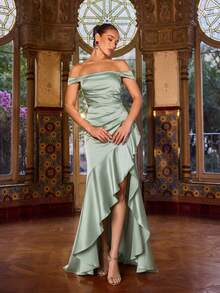 Faeriesty 女士优雅露肩不对称荷叶边下摆正式晚礼服，修身剪裁，适合红毯活动、正式晚宴、盛大庆典、奢华派对和盛大庆祝活动，以及春季婚礼。 - 薄荷綠 - 查看 7