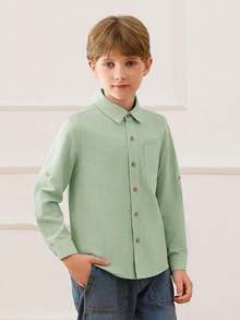 2026 Boys Linen Button Down Shirt Kids Long Sleeve Tops With Chest Pocket Casual Dress Shirt 5-14 Years - Light Green - View 2