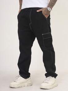 Men's Cargo Jeans, Comfortable Oversized Casual Fit With 6 Pockets, Skate Style - Hitam dan Putih - View 1