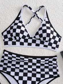 Casual Checkered Two-Tone Swimwear Set With Tie Back, Vacation - Black and White - View 7
