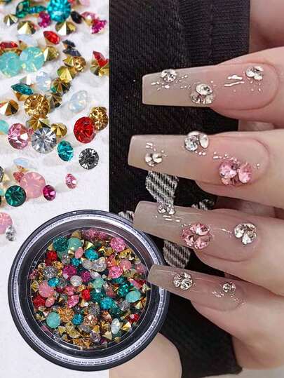 1 caja de decoraciones de uñas con gemas de colores, accesorios de uñas de resina con fondo puntiagudo 3D, kit de manualidades para uñas, joyas para uñas, suministros para salón de uñas, productos para uñas, regalo para festival