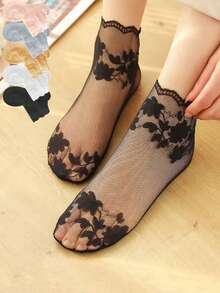 Calcetines de barco transpirables y elásticos de hoja delgada para mujer, calcetines invisibles de encaje transparente y delgado para mujer - Multicolor - Ver 2