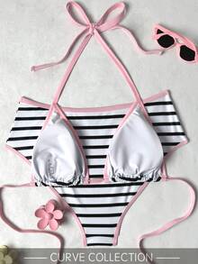 加大码两件套格子性感优雅休闲度假沙滩约会比基尼套装，女士夏季款 - 彩色 - 查看 7