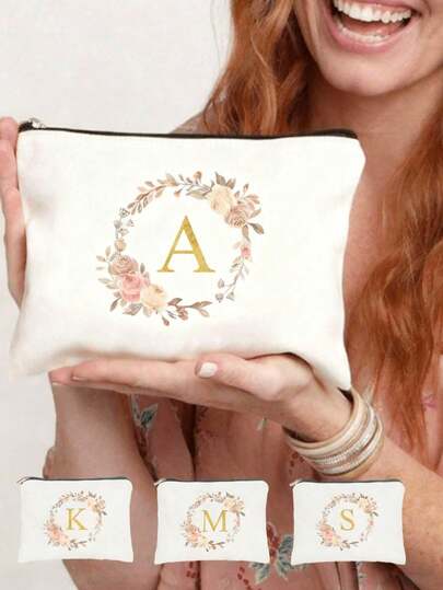1pc Portable, Stylish, Capacity Makeup Bag,Personalized Flower Golden Letter Printed Canvas Toiletry Bag, Travel Makeup Storage Bag, Toiletry Bag Organizing Bag, Suitable For Toiletries, Cosmetics, Makeup Brushes, Accessories, Travel, Home Storage, Travel Essentials, Dormitory Supplies, Wedding Bride Gifts, Mother Gifts, Best Friend Gifts, Birthday Gifts, Souvenirs, Home Storage Essentials, Can Be Used In The Bathroom, Living Room Or Bedroom