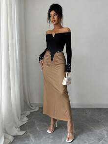 Elegant Women's Knitted Long Sleeve Off-Shoulder Ruched Dress With Pearl Details - Brown - View 4