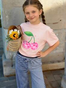 少女休闲印花圆领短袖T恤，夏季上衣 - 粉色 - 查看 1