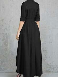 Casual Commute Solid Color Front Button Waist A-Line Dress Black Spring Elegant - Black - View 3