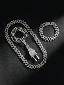 镶满水钻的充电式链项链 - 3D立体设计，嘻哈配饰 - 銀色 - 查看 1