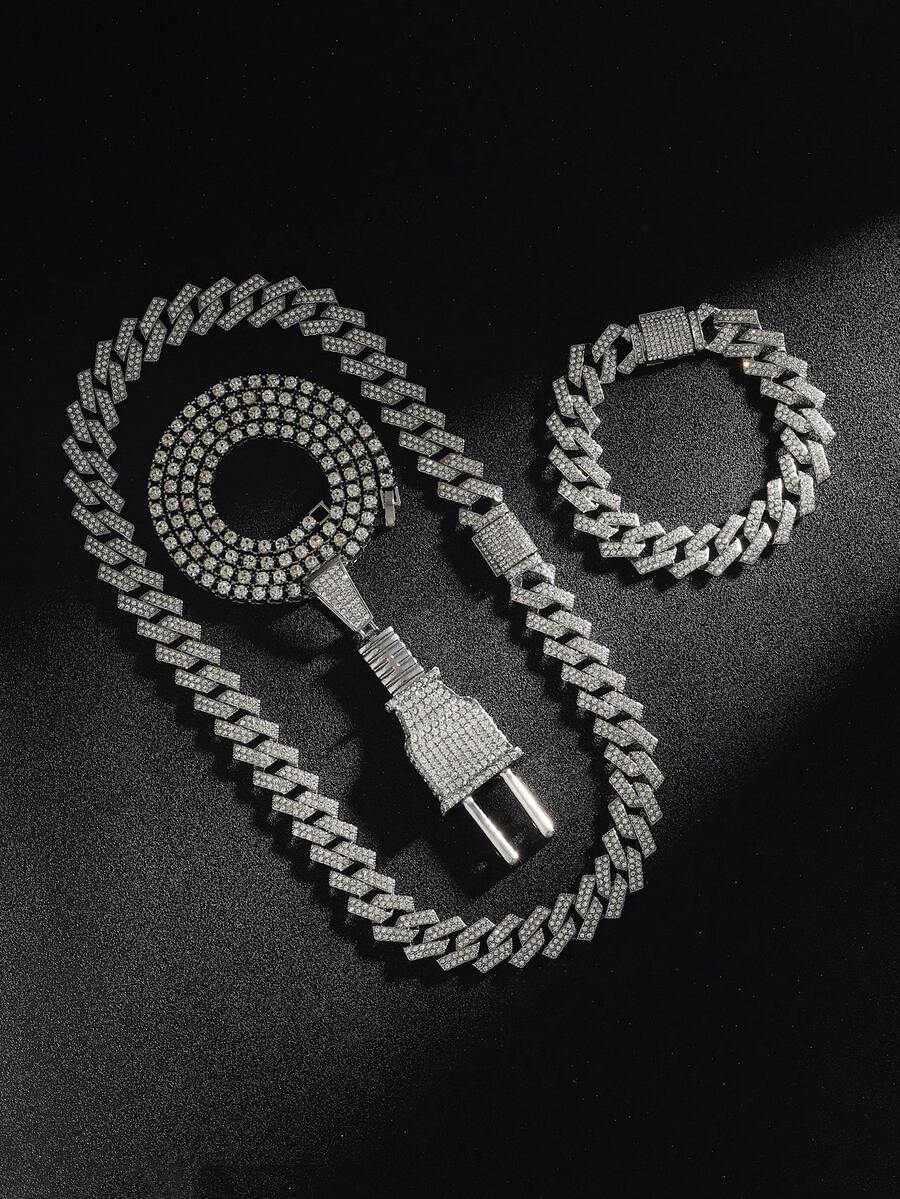 镶满水钻的充电式链项链 - 3D立体设计，嘻哈配饰 - 銀色 - 查看 1