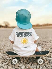 1件婴儿/幼儿男童创意卡通图案字母标语印花基本款圆领短袖T恤，休闲时尚 - 白色 - 查看 1