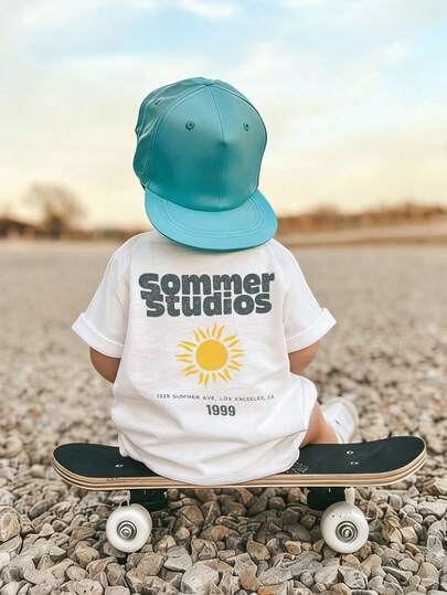 1pc Infant/Toddler Boys' Creative Cartoon Graphic Letter Slogan Print Basic Round Neck Short Sleeve T-Shirt, Casual & Fashionable