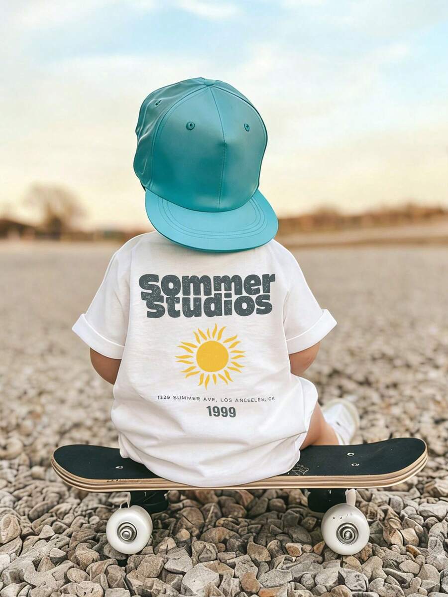 1件婴儿/幼儿男童创意卡通图案字母标语印花基本款圆领短袖T恤，休闲时尚 - 白色 - 查看 1