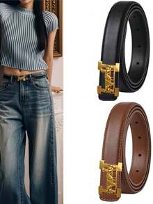 1pc Women Fashion Belt Women Luxury Designer Cowhide Belt Jeans PU Leather Belt Gold Buckle Belt Summer School Fall, Autumn, Halloween - Multicolor - View 1