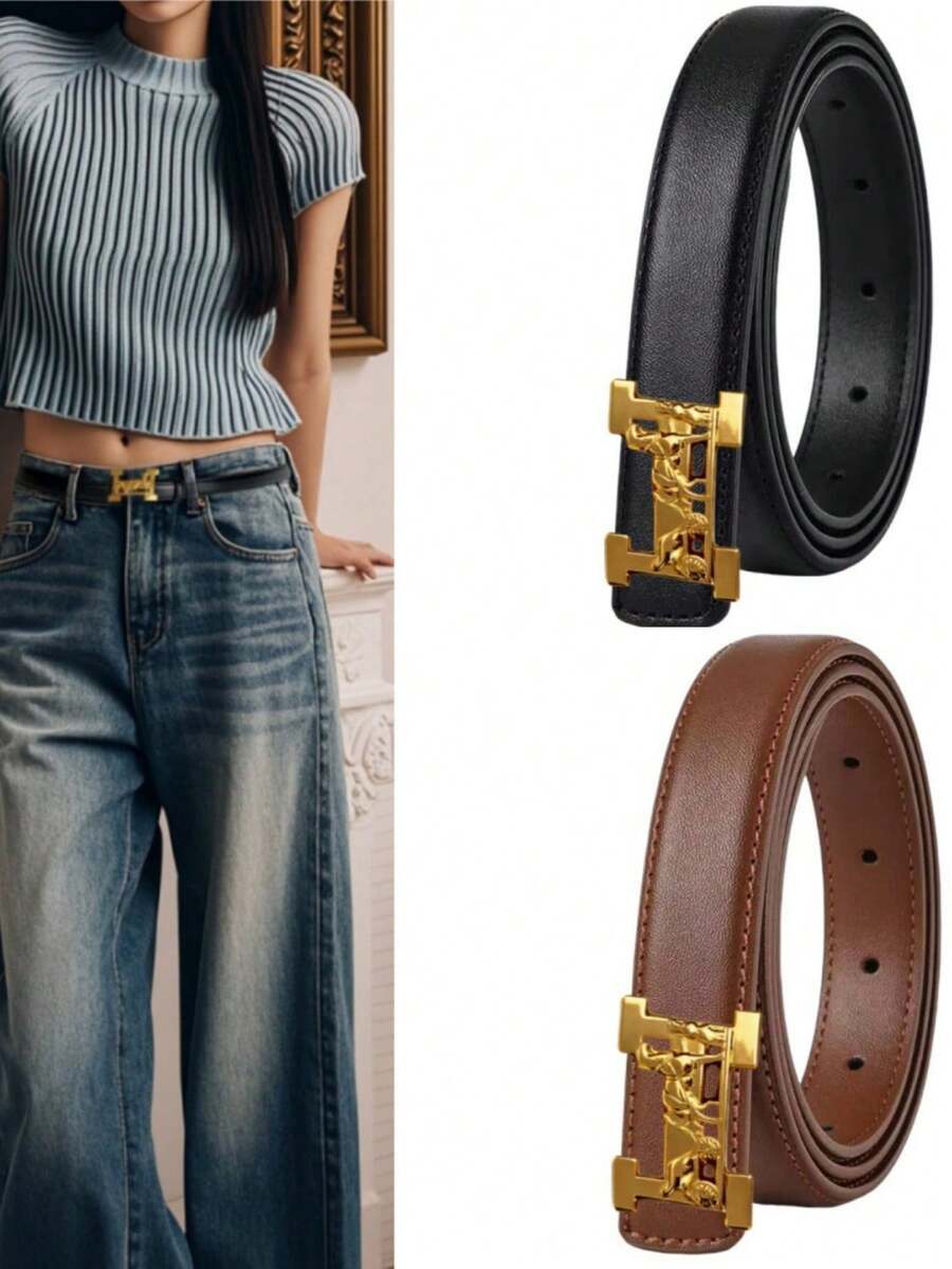 1pc Women Fashion Belt Women Luxury Designer Cowhide Belt Jeans PU Leather Belt Gold Buckle Belt Summer School Fall, Autumn, Halloween - Multicolor - View 1