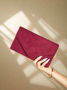 Fashionable Velvet Trim Evening Clutch, Envelope Shoulder Bag - Burgundy - View 8