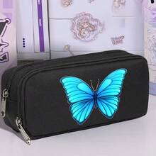 美丽的浅蓝色蝴蝶图案大容量铅笔盒，便携式文具包，旅行洗漱包，铅笔筒，马克笔和钢笔收纳盒，化妆包，办公桌收纳包，可水洗文具礼盒套装，返校必备办公用品 - 多色 - 查看 4