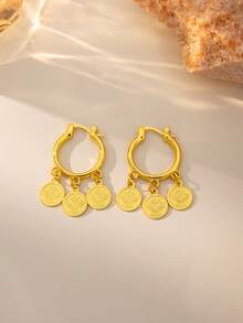Herseygold 1 Pair Copper Plated Gold Coin Pendant Hoop Earrings, Middle Eastern Style Fashion Earrings For Women, Arabic Wedding Jewelry - Gold - View 6