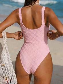 Conjunto de traje de baño de una pieza con escote en V, tirantes finos y textura floral metálica, en color rosa, para mujer en vacaciones de verano - Rosa - Ver 2
