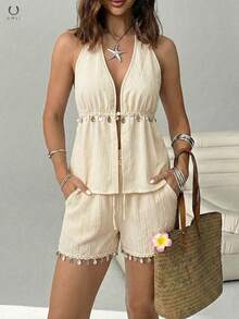 UMII 女士米色两件套露背吊带上衣，纹理面料饰有贝壳滚边和贝壳亮片流苏短裤，夏季波西米亚风海滩度假休闲装 - 杏色 - 查看 5