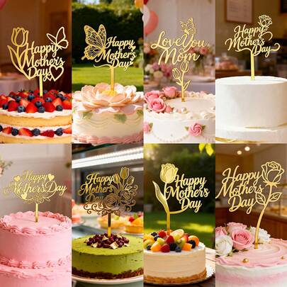 1 Piece Happy Mother's Day Butterfly And Rose Design Acrylic Cake Topper Sweet Dessert Decoration