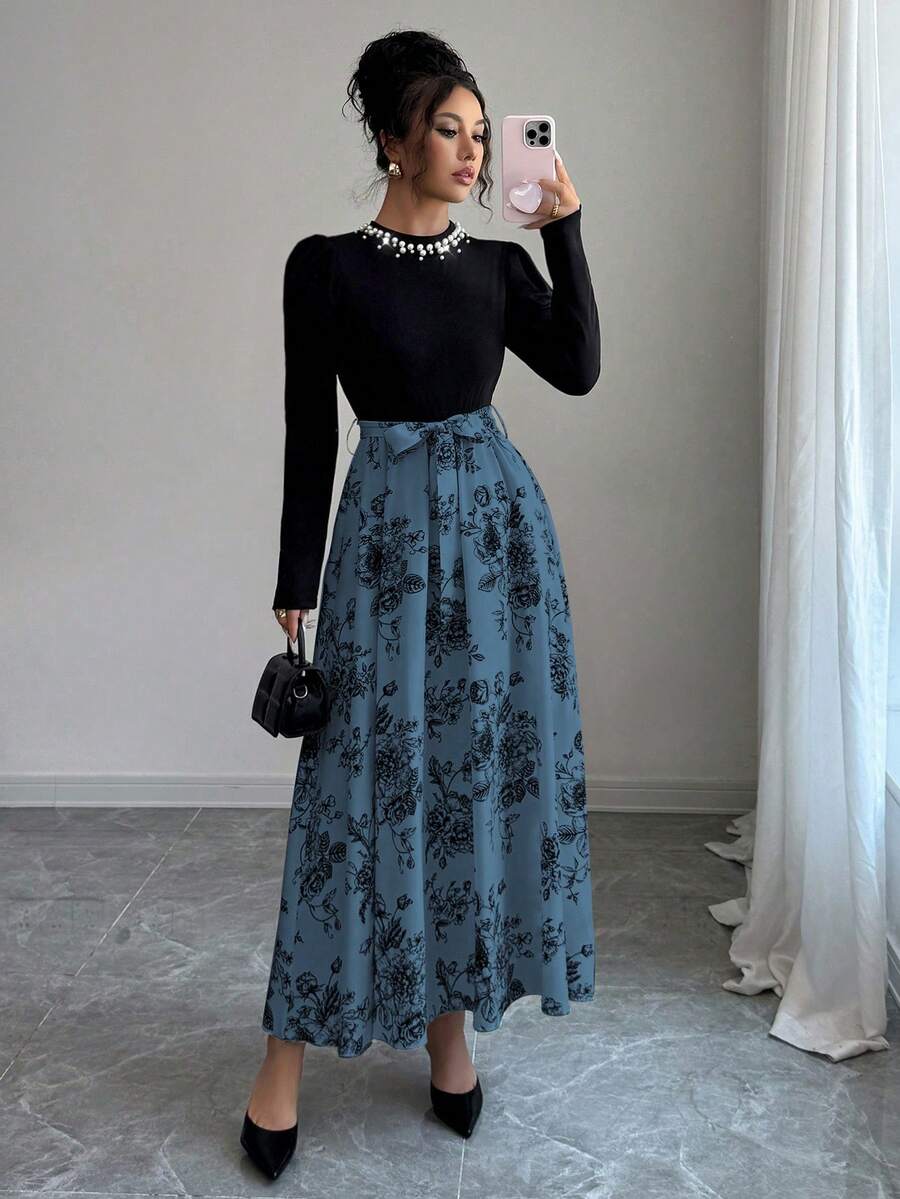 Đầm dài tay phối họa tiết hoa, đính ngọc trai giả 3D, co giãn, thích hợp cho mùa thu/đông, các dịp lễ hội, tiệc tùng, mùa xuân thanh lịch. - Xám Xanh - Xem 1