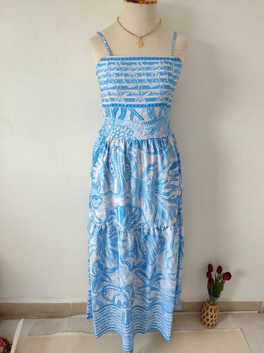 Women's Long Printed Dress With Built-In Bra Cups, Crepe Fabric. - Celeste - Ver 1