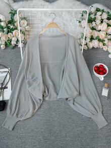 夏季灰色薄纱针织开衫 - 优雅、简约、甜美休闲街头Y2K风格长袖落肩宽松短款女式针织开衫/上衣 | 适合年轻女士、女士、甜美女孩、Y2K女孩和时尚人士，完美适用于情人节/妇女节/母亲节/休闲聚会/海滩度假/派对/返校季/婚礼季/音乐节/2026极简薄纱针织开衫 - 灰色 - 查看 7