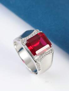 男士S925银宽戒，镶嵌人造红宝石，优雅时尚，斋月饰品，情人节礼物 - 銀色 - 查看 5