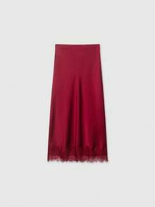 Jupe élégante à taille haute de couleur unie avec dentelle contrastante, printemps - Rouge - Voir 2