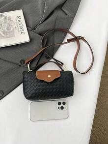 Women's Mini Handbag, Patchwork Color Block, Woven Texture, Crease Detail, Minimalist Shoulder Bag, Magnetic Snap Closure, Casual & Fashionable - Black - View 9