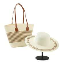 Conjunto de bolso y sombrero tejido de paja de gran capacidad, sombrilla de viaje al aire libre, bolso de mano adelgazante con ala grande, estilo de bolso de cubo a la moda - Caqui de cinco granos - Ver 3