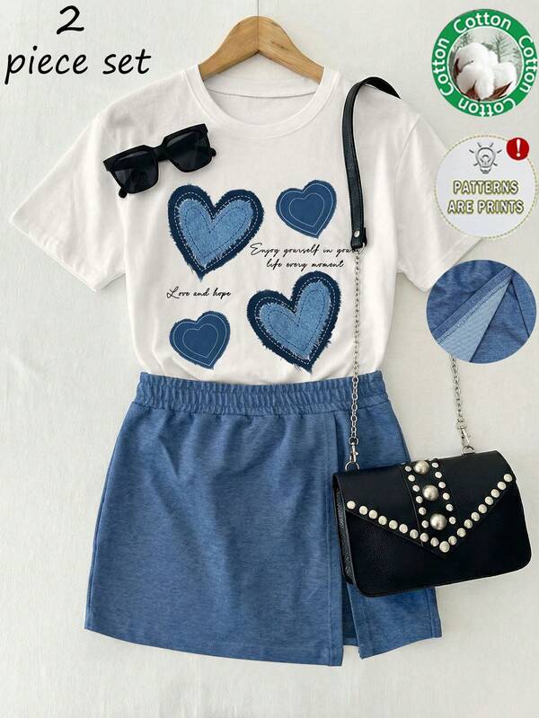 Heart Print Women's Casual Fashion 100% Cotton Short Sleeve T-Shirt And Denim-Look Shorts Set