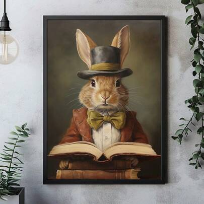 1pc, Canvas Wall Art, Framed Wall Decor, Vintage-Style Whimsical Rabbit Reading Book Art Print, Fantastical Easter Bunny With Top Hat And Bow Tie, Dark Academic Gothic Decor For Home, Office, Or Cafe, Easter Decor, Easter Poster, Cafe Decor, Seasonal Artwork, Spring Home Decor, Room Decor Aesthetics, Dorm Decor, Bedroom Decor, Living Room Decor, Bathroom Decor, Kitchen Decor, Dining Room Decor, Apartment Decor, Academic Style Art