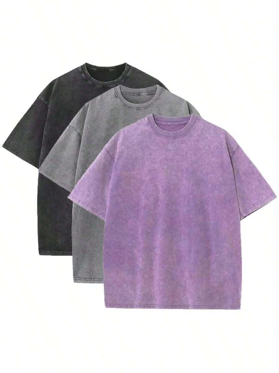 3 Pack, Men's, Vintage Washed, Oversized, Cotton, T Shirts, Loose Fit, Short Sleeve, Casual, Streetwear, Unisex, Tops.100% Cotton - 黑色+灰色+紫色 - 查看 1