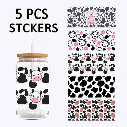 5pcs Strawberry Cow & Strawberry Milk Theme UV DTF Cup Stickers, Waterproof Scratch-Resistant 3D Crystal Stickers, Fit For 16oz Glass Cups, Mugs, Crafts, Great For Decorating Personal Items! (4.3in X 9.4in)