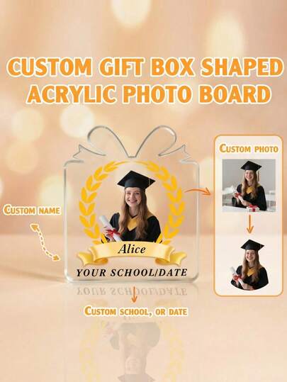 1pc Custom Gift Box-Shaped Acrylic Photo Board, Suitable For Graduation Season, Commemorating Graduates, Personalized Photo Board. Upload Your Photo To Create A Custom Photo Board As A Graduation Gift For Family Or Friends.