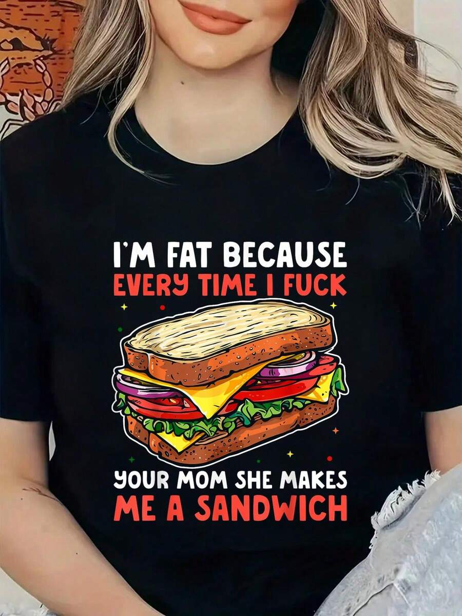 Estoy gordo porque tu mamá me hace un sándwich, camiseta con chistes, camisetas gráficas para mujer - Negro - Ver 1