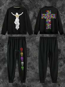 2-Piece 250g Essentials Crewneck Sweatshirt,Jesus Design Decorated Long Pants Set,Graphic Crewneck Sweatshirt,Streetwear,Y2k,Clothes For Men,Crewneck Sweatshirt For Men,Long Sleeve Tops,Fall Clothes For Men,Funny Crewneck Sweatshirt,Men'S Casual Graphic Sweatshirt & Jogger Set - Pink & Black Print Design, Loose Fit, Long Sleeve Pullover With Drawstring Waist, Perfect For Fall/Winter, Comfortable Clothing|Casual Style|Stretchy Fabric - màu đen - Xem 3