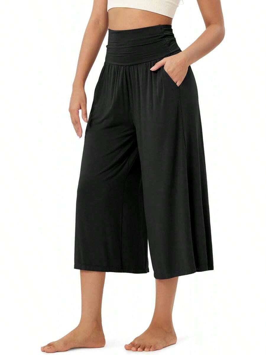Women's Wide Leg Palazzo Lounge Cropped Pants With Pockets Light Weight Comfy Pajama Capri Pants-20/22"/ 24" Inseam - 黑色 - 查看 1